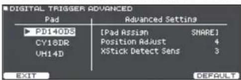 DIGITAL TRIGGER ADVANCED Pad Advanced Settings PD140DS [Pad Assign SNARE] CY18DR Position Adjust 4 UH14D XStick Detect Sens 3 EXIT DEFAULT