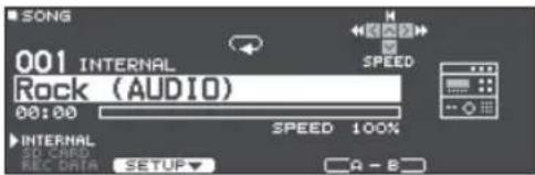 SONG 001 INTERNAL Rock (AUDIO) 00:00 SPEED 100% INTERNAL SO CARD REC DATA SETUP A - B