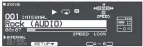 SONG 001 INTERNAL Rock (AUDIO) 00:07 SPEED 100% INTERNAL 3D CARD REC DATA SETUP A - B