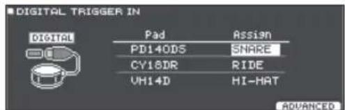 DIGITAL TRIGGER IN DIGITAL Pad Assignn PD140DS SNARE CY16DR RIDE VH14D HI-HAT ADVANCED