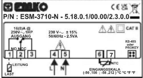 Emko ESM3710N - Gerätebeschriftung und Anschlussplan - 1