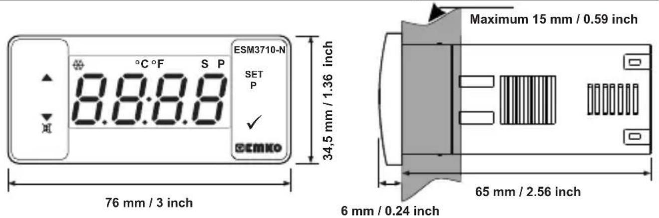 Emko ESM3710N - Front View and Dimensions of ESM-3710-N Temperature Controller - 1