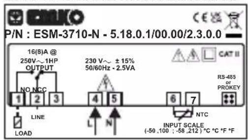 Emko ESM3710N - Device Label and Connection Diagram - 1