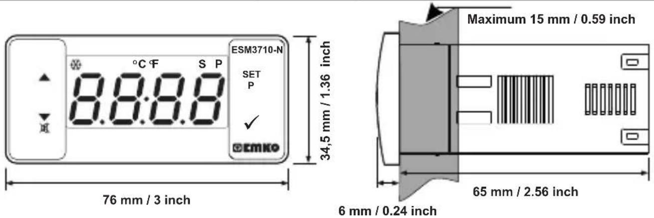 Emko ESM3710N - Vorderansicht und Abmessungen des Temperaturreglers ESM-3710-N - 1