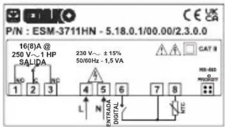 Emko ESM3711HN - Etiqueta del dispositivo y diagrama de conexión - 1