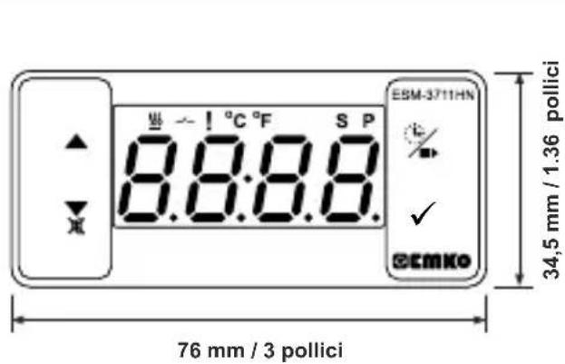 Emko ESM3711HN - Vista frontale e dimensioni del termoregolatore ESM-3711HN - 1