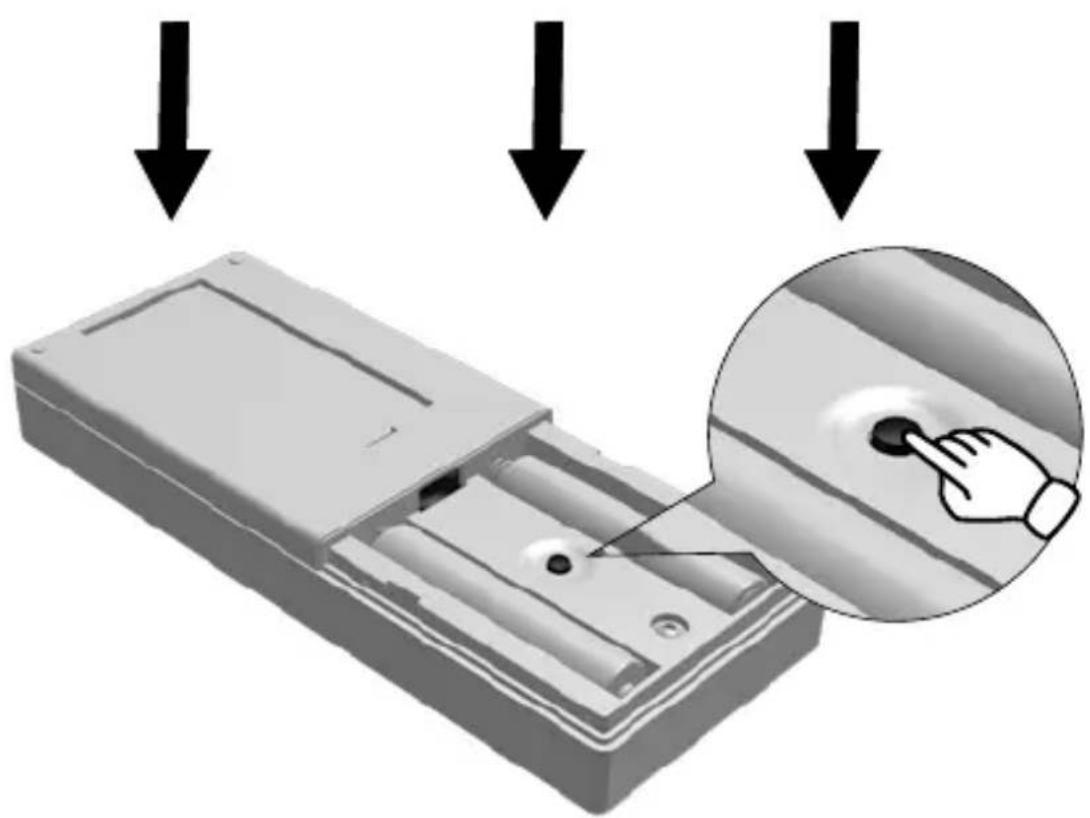 Diagram showing a remote control box with three downward arrows pointing to a button, and an inset magnified view highlighting the finger insertion.