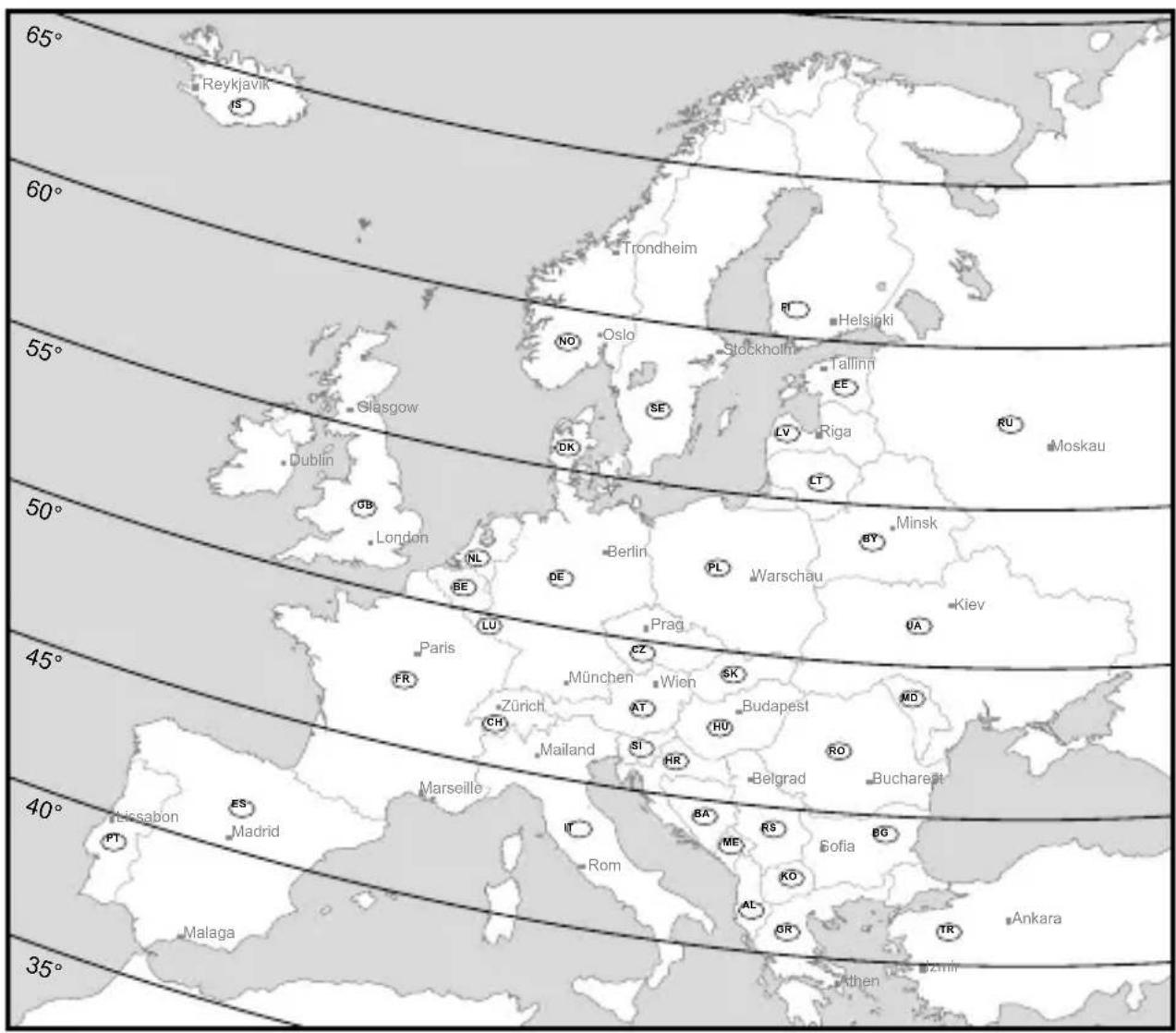 65° Reykjavik IS Trondheim Helsinki 55° Glasgow No Oslo Stockholm Tallinn EE LV Riga RU Moskau Dublin DB London NL Berlin PL Warschau Minsk BY Kiev 45° Paris LU Prag CZ München Wien SK Budapest MD FR Zürich CH Mailand SI HR BU RO Belgrad Bucharest 40° Lissabon ES Madrid Marseille IT ROM BA RS Sofia BG PT Al- OR TR Ankara Malaga Athens Dzinn 35°