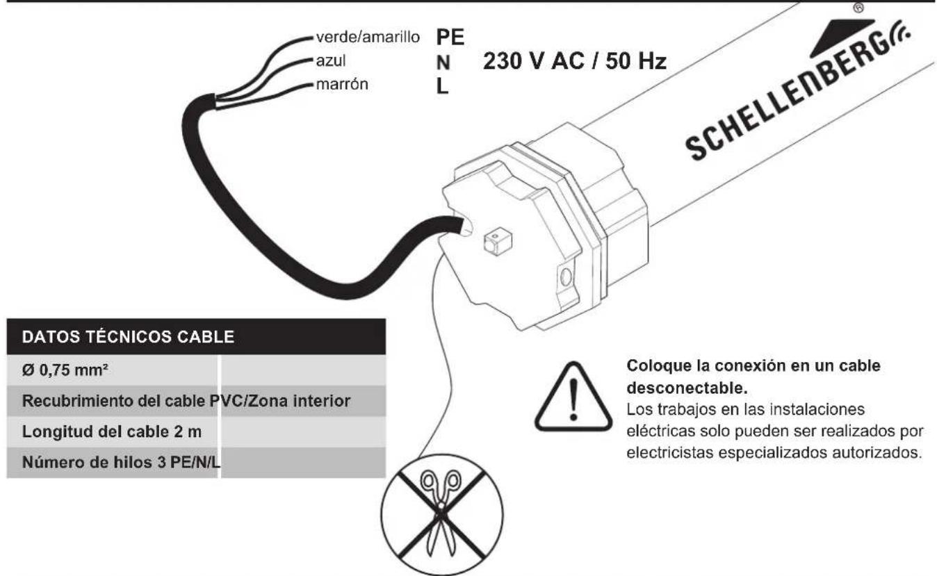 verde/amarillo azul marrón PEN 230 V AC / 50 Hz SCHELLENBERG® DATOS TÉCNICOS CABLE Ø 0,75 mm² Recubrimiento del cable PVC/Zona interior Longitud del cable 2 m Número de hilos 3 PE/N/L Coloque la conexión en un cable desconectable. Los trabajos en las instalaciones eléctricas solo pueden ser realizados por electricistas especializados autorizados.