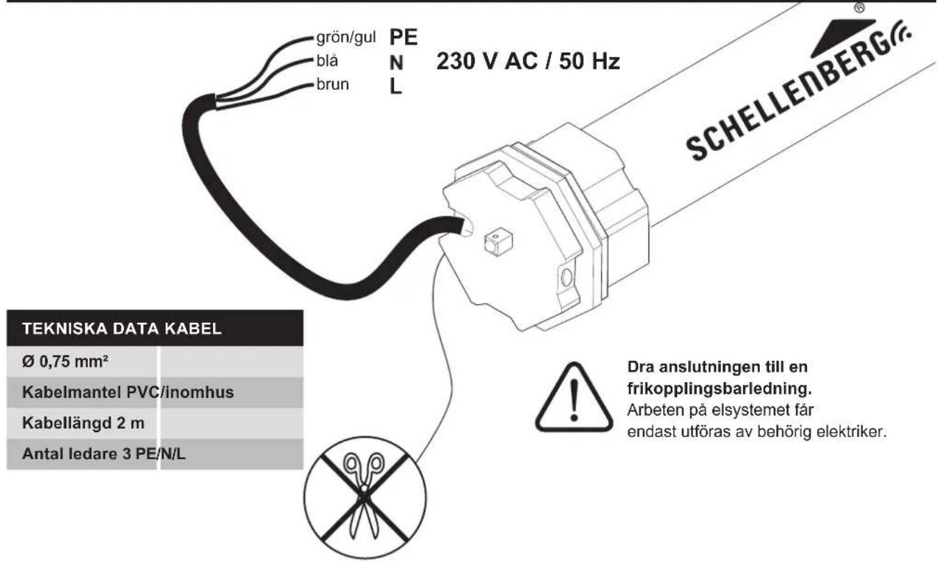 grön/gul blå brun PE N L 230 V AC / 50 Hz SCHELLENBERG® TEKNISKA DATA KABEL Ø 0,75 mm² Kabelmantel PVC/inomhus Kabellängd 2 m Antal ledare 3 PE/N/L Dra anslutningen till en frikopplingsbarledning. Arbeten på elsystemet får endast utföras av behörig elektriker.