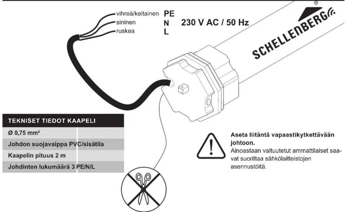 vihreä/keltainen sininen ruskea PE N L 230 V AC / 50 Hz SCHELLENBERG® TEKNISET TIEDOT KAAPELI Ø 0,75 mm² Johdon suojavaippa PVC/sisätila Kaapelin pituus 2 m Johdinten lukumäärä 3 PE/N/L Aseta liitäntä vapaastikytkettävään johtoon. Ainoastaan valtuutetut ammattilaiset saa- vat suorittaa sähkölaitteistojen asennustöitä.