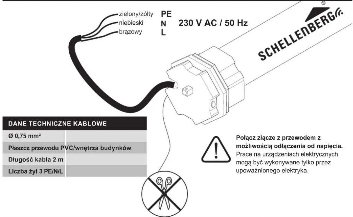 zielony/żółty niebieski brązowy PEN 230 V AC / 50 Hz SCHELLENBERG® DANE TECHNICZNE KABLOWE Ø 0,75 mm² Płaszcz przewodu PVC/wnętrza budynków Długość kabla 2 m Liczba żył 3 PE/N/L Połącz złącze z przewodem z możliwością odłączenia od napięcia. Prace na urządzeniach elektrycznych mogą być wykonywane tylko przez upoważnionego elektryka.