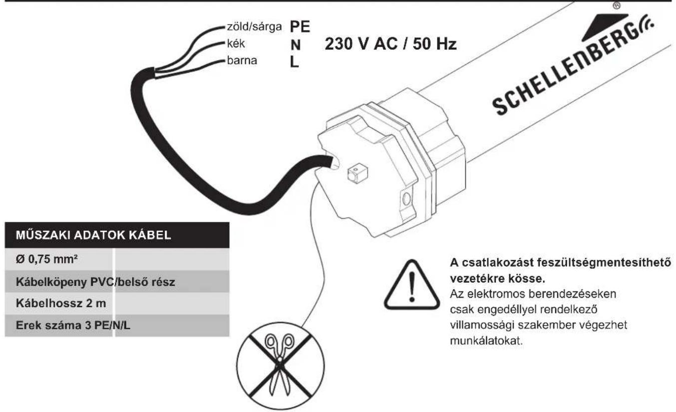 zöld/sárga kék barna PEN 230 V AC / 50 Hz MŰSZAKI ADATOK KÁBEL Ø 0,75 mm² Kábelköpeny PVC/belső rész Kábelhossz 2 m Erek száma 3 PE/N/L A csatlakozást feszültségmentesíthető vezetékre kösse. Az elektromos berendezéseken csak engedéllyel rendelkező villamossági szakember végezhet munkálatokat.