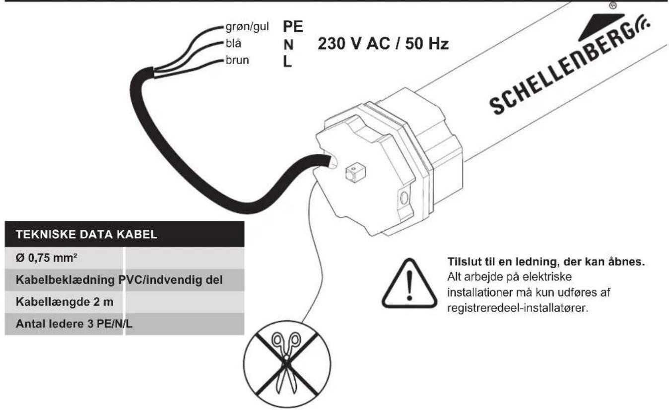 grøn/gul blå brun PEN 230 V AC / 50 Hz TEKNISKE DATA KABEL Ø 0,75 mm² Kabelbeklædning PVC/indvendig del Kabellængde 2 m Antal ledere 3 PE/N/L Tilslut til en ledning, der kan åbnes. Alt arbejde på elektriske installationer må kun udføres af registreredeel-installatører. SCHELLENBERG®