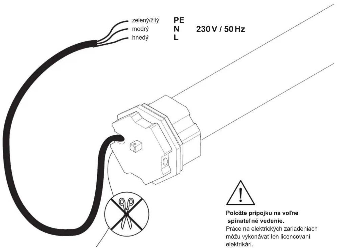 zelený/žlty modrý hnedý PE N L 230 V / 50 Hz Položte prípojku na vol'ne spínateľné vedenie. Práce na elektrických zariadeniach môžu vykonávať len licencovaní elektrikári.