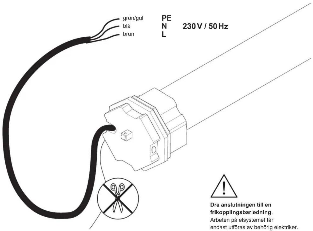 grön/gul blå brun PE N L 230 V / 50 Hz Dra anslutningen till en frikopplingsbarledning. Arbeten på elsystemet får endast utföras av behörig elektriker.