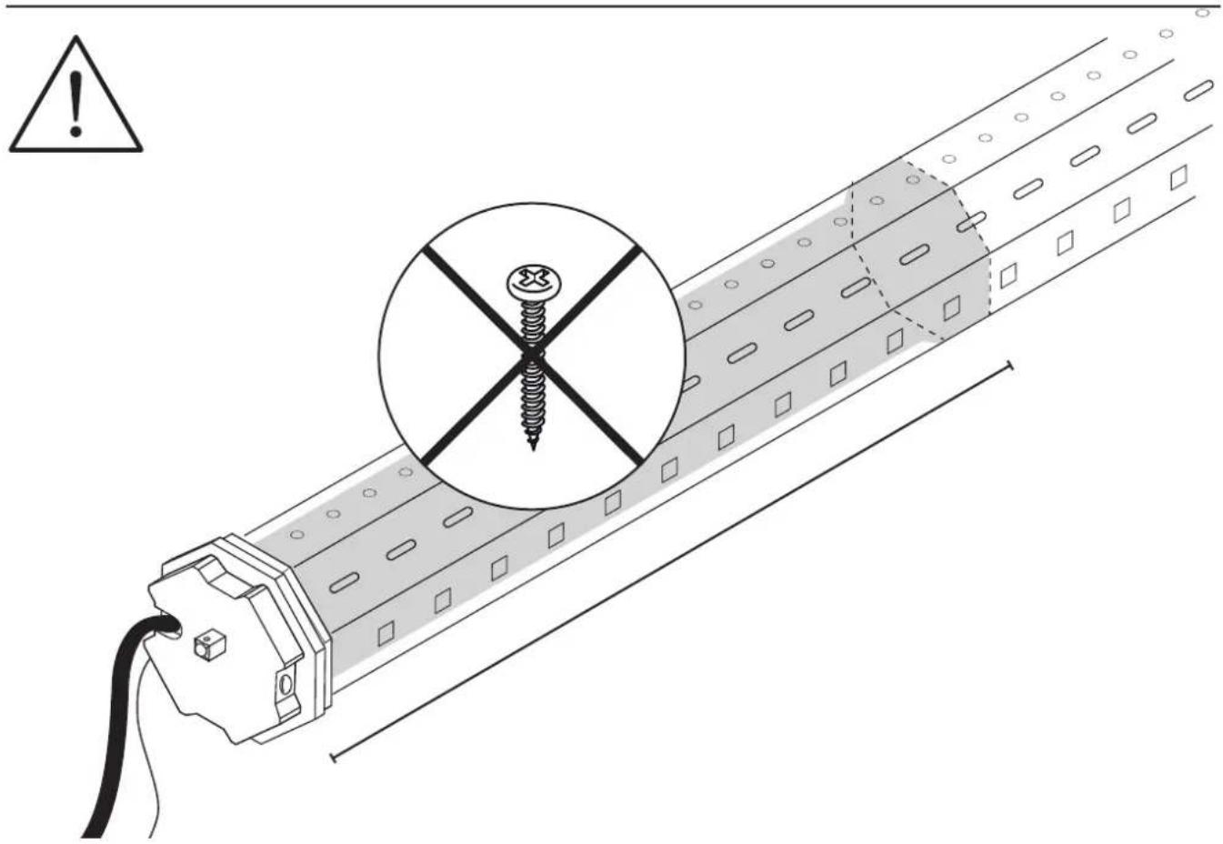 Technical diagram showing a screw installation with warning symbol and safety warning label