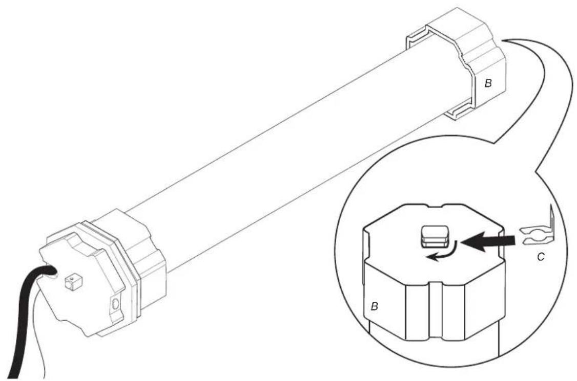 Technical diagram showing a cable connector connected to a device labeled B, with an inset view highlighting component C.