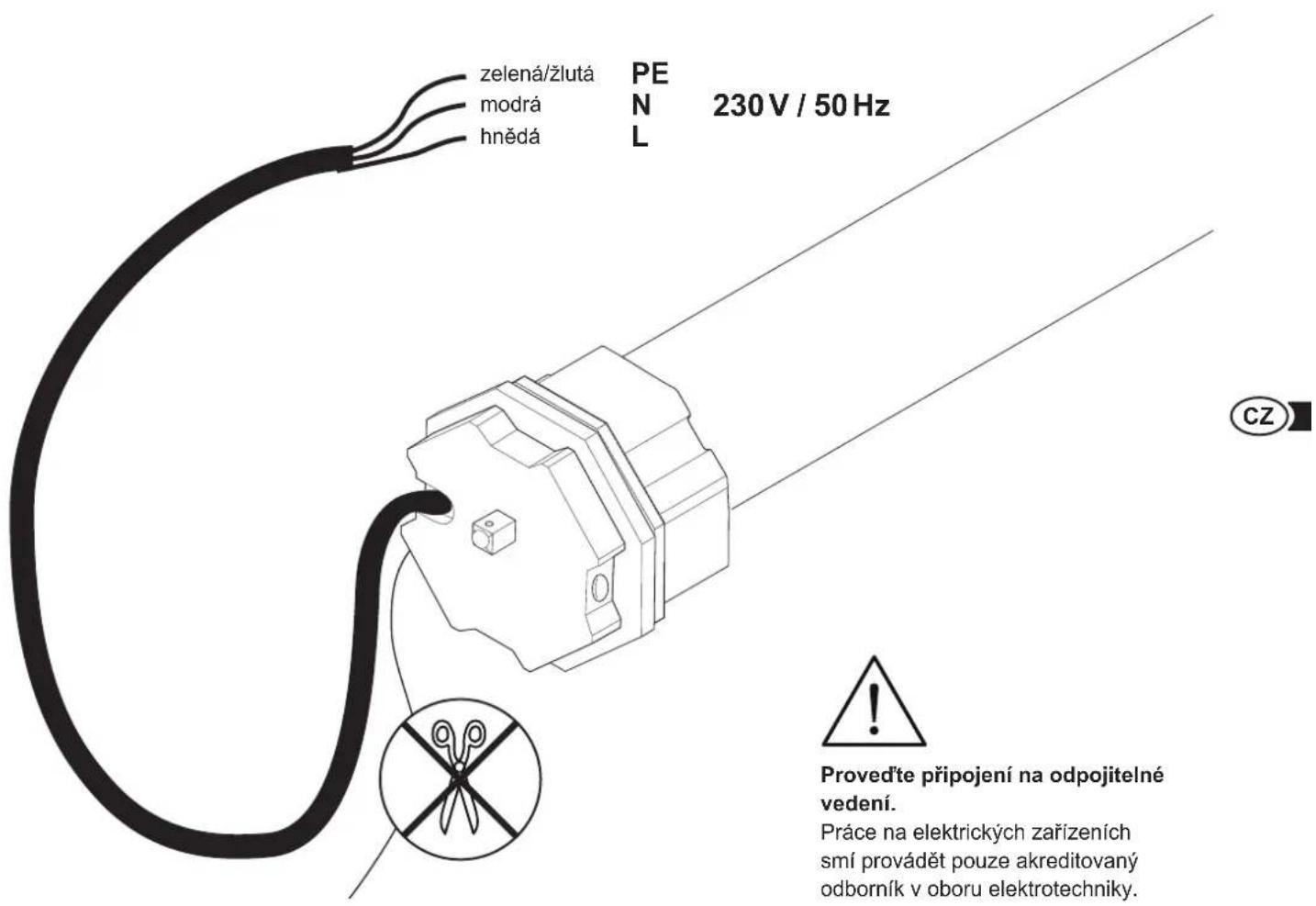 zelená/žlutá modrá hnědá PEN 230 V / 50 Hz L Provedte připojení na odpojitelné vedení. Práce na elektrických zařizeních smí provádět pouze akreditovaný odborník v oboru elektrotechniky.