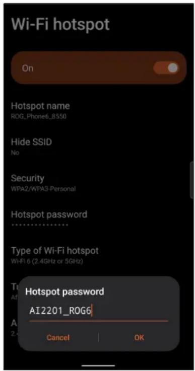 ASUS ROG Phone 6 Pro - Appuyez sur Point d'accès Wi-Fi> Nom du point d'accès pour attribuer un SSID ou un nom de réseau unique, puis appuyez sur Mot de passe du point d'accès pour attribuer un mot de passe fort de 8 caractères à votre point d'accès Wi-Fi. Une fois terminé, appuyez sur OK. - 2