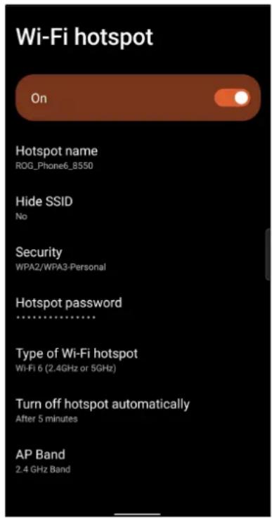 ASUS ROG Phone 6 Pro - Appuyez sur Point d'accès Wi-Fi> Nom du point d'accès pour attribuer un SSID ou un nom de réseau unique, puis appuyez sur Mot de passe du point d'accès pour attribuer un mot de passe fort de 8 caractères à votre point d'accès Wi-Fi. Une fois terminé, appuyez sur OK. - 1