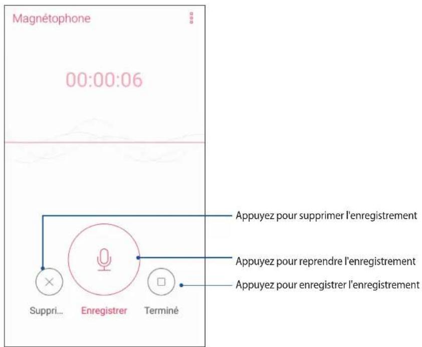 Magnétophone 00:00:06 Suppri... Enregistrer Terminé Appuyez pour supprimer l'enregistrement Appuyez pour reprendre l'enregistrement Appuyez pour enregistrer l'enregistrement