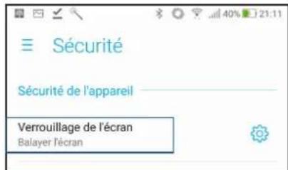 Sécurité Sécurité de l'apparell Verrouillage de l'écran Balayer l'écran