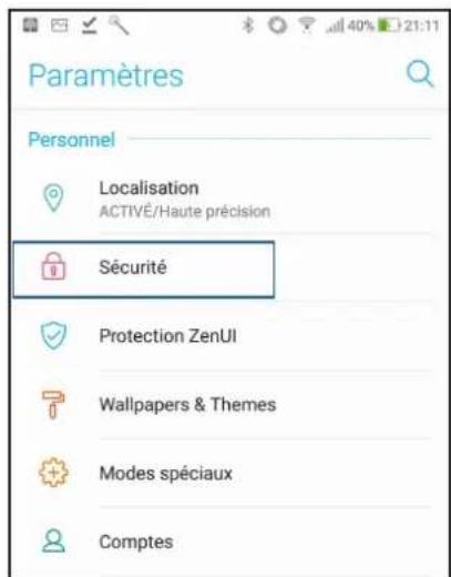 Paramètres Personnel Localisation ACTIVE/Haute précision Sécurité Protection ZenUI Wallpapers & Themes Modes spéciaux Comptes