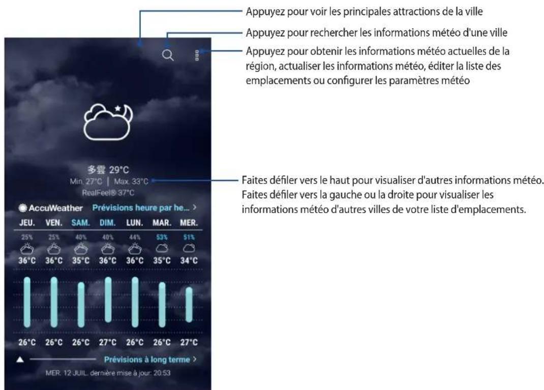 Appuyez pour voir les principales attractions de la ville Appuyez pour rechercher les informations météo d'une ville Appuyez pour obtenir les informations météo actuelles de la région, actualiser les informations météo, éditer la liste des emplacements ou configurer les paramètres météo Faites défiler vers le haut pour visualiser d'autres informations météo. Faites défiler vers la gauche ou la droite pour visualiser les informations météo d'autres villes de votre liste d'emplacements. AccuWeather Prévisions heure par hê... JEU. VEN. SAM. DIM. LUN. MAR. MER. 25% 25% 40% 40% 44% 53% 51% 36°C 36°C 35°C 36°C 36°C 35°C 34°C 26°C 26°C 26°C 27°C 26°C 26°C 27°C Prévisions à long terme > MER: 12 JUIL. dernière mise à jour: 20:53