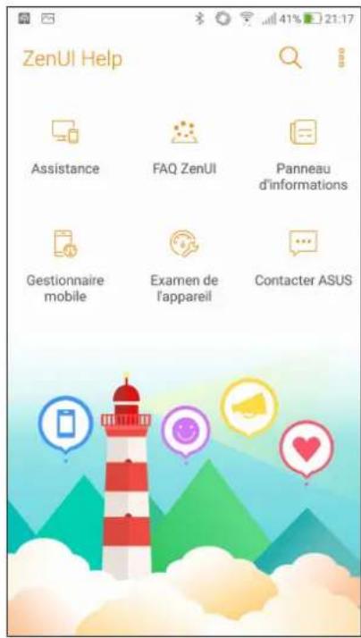 ZenUI Help Assistance FAQ ZenUI Panneau d'informations Gestionnaire mobile Examen de l'appareil Contacter ASUS