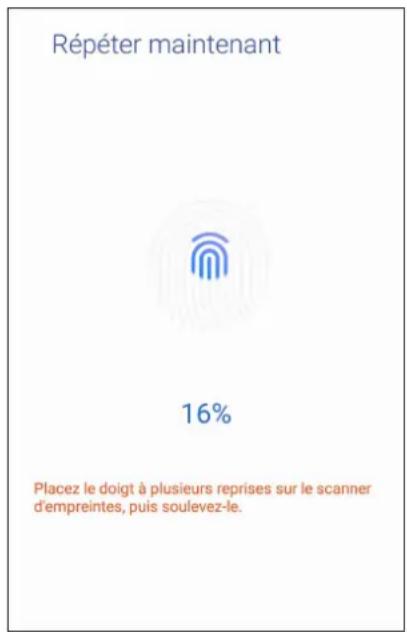 Répéter maintenant 16% Placez le doigt à plusieurs reprises sur le scanner d'empreintes, puis soulevez-le.