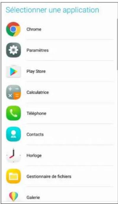Sélectionner une application Chrome Paramètres Play Store Calculatrice Téléphone Contacts Horloge Gestionnaire de fichiers Galerie