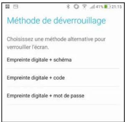 Méthode de déverrouillage Choisissez une méthode alternative pour verrouiller l'écran. Empreinte digitale + schéma Empreinte digitale + code Empreinte digitale + mot de passe