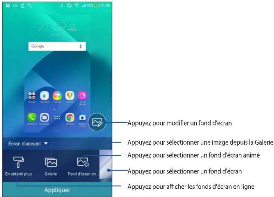 21.02 Google Écran d'accueil En obtenir plus Galerie Fond d'écran en ... Appliquer Appuyez pour modifier un fond d'écran Appuyez pour sélectionner une image depuis la Galerie Appuyez pour sélectionner un fond d'écran animé Appuyez pour sélectionner un fond d'écran Appuyez pour afficher les fonds d'écran en ligne