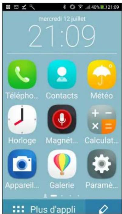 mercredi 12 juillet 21:09 Télépho... Contacts Météo Horloge Magnét... Calculat... Appareil... Galerie Paramè... Plus d'appli