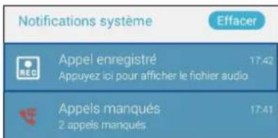 Notifications système Effacer Appel enregistré 17:42 Appuyez ici pour afficher le fichier audio Appels manqués 17:41 2 appels manqués