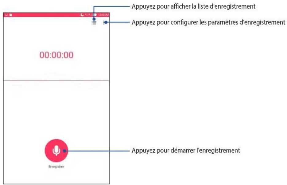 Appuyez pour afficher la liste d'enregistrement Appuyez pour configurer les paramètres d'enregistrement 00:00:00 Appuyez pour démarrer l'enregistrement Enregistrer