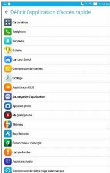 Définir l'application d'accès rapide Calculatice Téléphone Contacts Golele Lanceur ZenUR Gestionnaire de fichiens Horloge Assistance ASUS Sauvegarde d'application Apparel photo Magnétophone Thèmes Bug Reporter Economiseur d'énergie Lampe torche Assistant Audio Gestionnaire de démarage automatique