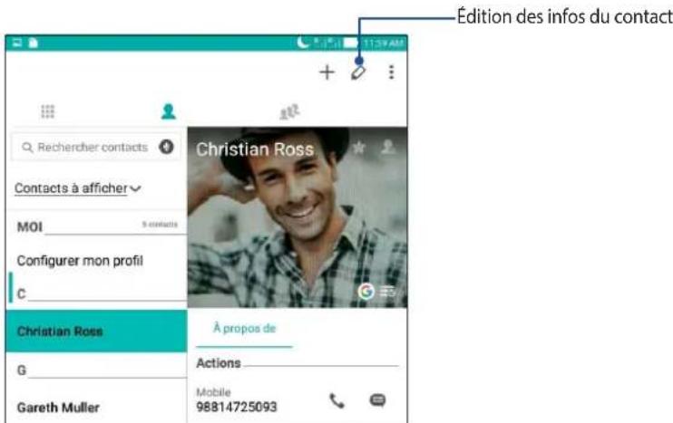 Édition des infos du contact Rechercher contacts Contacts à afficher MOI 5 contacts Configurer mon profil C Christian Ross G Gareth Muller Christian Ross À propos de Actions Mobile 98814725093