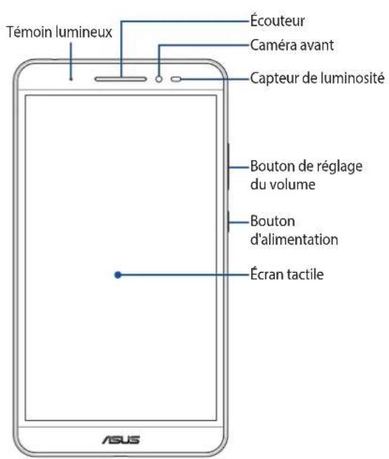 Témoin lumineux Écouteur Caméra avant Capteur de luminosité Bouton de réglage du volume Bouton d'alimentation Écran tactile ASUS