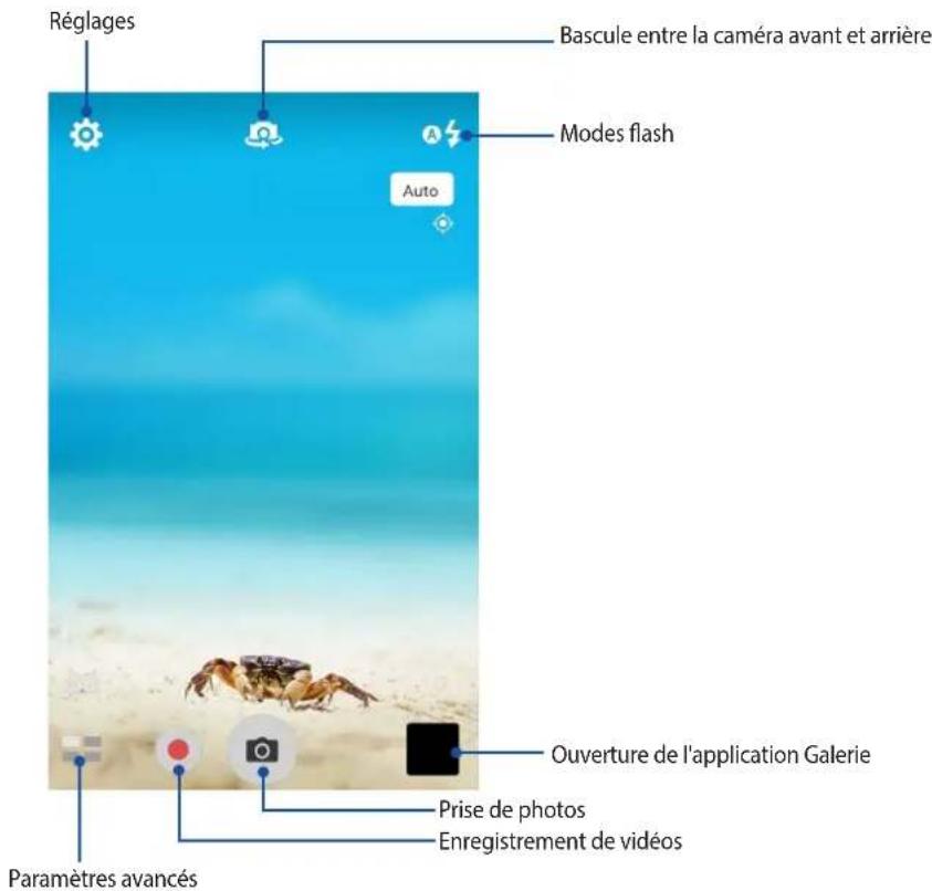 Réglages Bascule entre la caméra avant et arrière Modes flash Auto Ouverture de l'application Galerie Prise de photos Enregistrement de vidéos Paramètres avancés