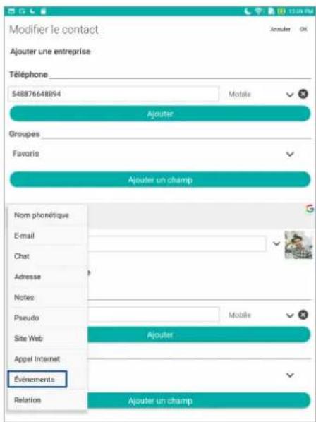 Modifier le contact Ajouter une entreprise Téléphone 548876648894 Mobile Ajouter Groupes Favoris Ajouter un champ Nom phonétique E-mail Chat Adresse Notes Pseudo Site Web Ajouter Appel Internet Événements Relation Ajouter un champ
