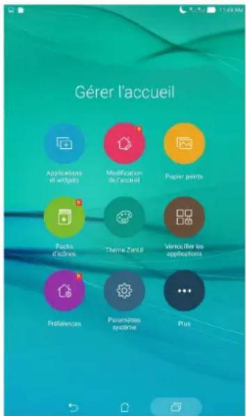 Gérer l'accueil Applications et projets Modification de l'accueil Paper parts Packs d'cxônes Thème ZenL® Vencuiller les applications Préférences Paramètres système Plus