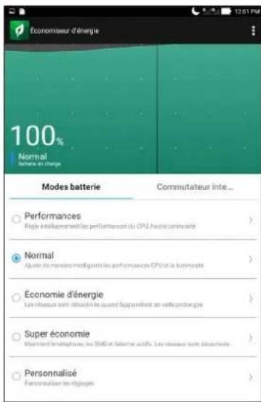 Economiseur d'énergie 100% Normal lafature en change Modes batterie Commutateur inte... Performances Rôle intelligentes les performances du CPU, heures immancaté Normal Ajuste de manière intelligentes les performances CPU et la luminauté Economie d'énergie Leu réseau sont détaudées le quant supplément de velle production Super économie Mèvement des équilibriaux, les SMS et laterne actifs. Leu réseau sont détaudées. Personnalisé Personnaliser les étrigues