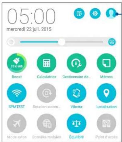 05:00 mercredi 22 juil. 2015 Boost 314 MB Calculatrice Gestionnaire de... Mémos SPMTEST Rotation autom... Vibreur Localisation Mode avion Données mobiles Équilibré Point d'accès
