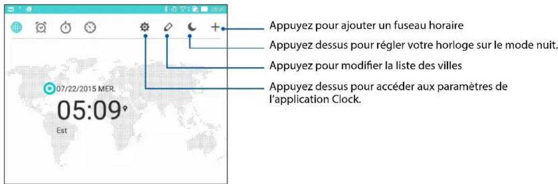Appuyez pour ajouter un fuseau horaire Appuyez dessus pour régler votre horloge sur le mode nuit. Appuyez pour modifier la liste des villes Appuyez dessus pour accéder aux paramètres de l'application Clock. 07/22/2015 MER. 05:09° Est