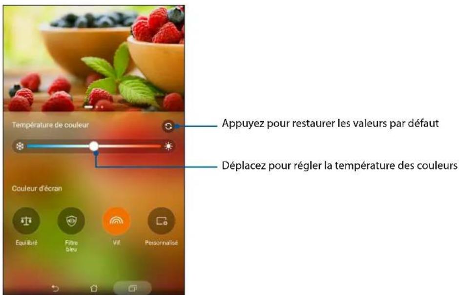 Appuyez pour restaurer les valeurs par défaut Déplacez pour régler la température des couleurs Température de couleur Couleur d'écran Equilibré Filtre bleu Vit Personnalisé