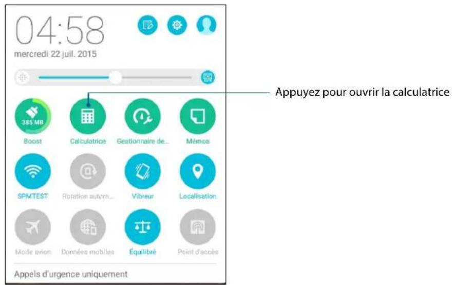 04:58 mercredi 22 juil. 2015 Appuyez pour ouvrir la calculatrice 385 MB Boost Calculatrice Gestionnaire de... Mémos SPMTEST Rotation autom... Vibreur Localisation Mode avion Données mobiles Équilibré Point d'accès Appels d'urgence uniquement