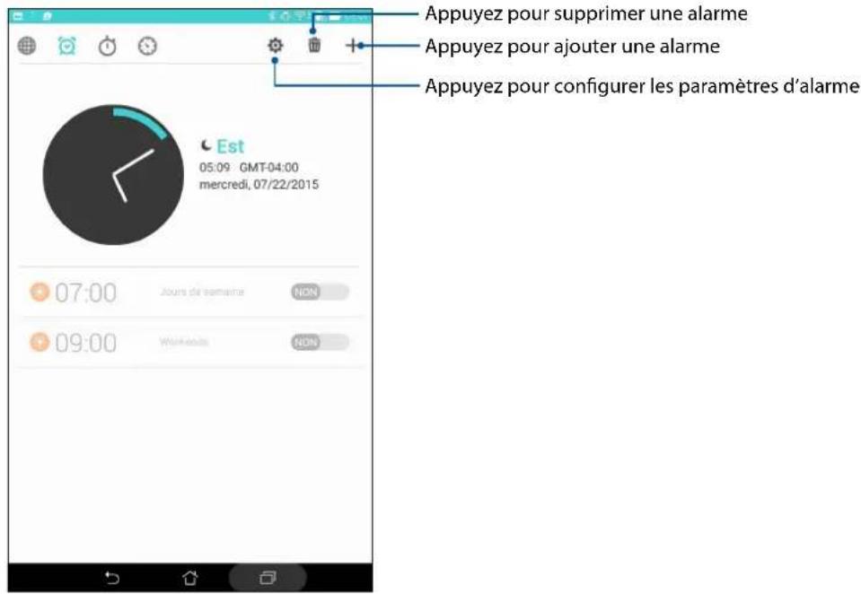 Appuyez pour supprimer une alarme Appuyez pour ajouter une alarme Appuyez pour configurer les paramètres d'alarme 05:09 GMT-04:00 mercredi, 07/22/2015 Est 07:00 Jours de semaine NON 09:00 Workouts NON