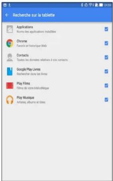 Recherche sur la tablette Applications Norms des applications installées Chrome Favorites et historique Web Contacts Toutes les données relatives à vos contacts Google Play Livres Recherche dans les livres Play Films Films de votre bibliothèque Play Musique Artistes, albums et titres